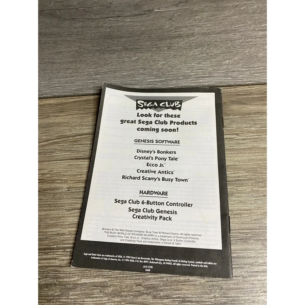 Sega Game Gear The Berenstain Bears Camping Adventure Instruction Manual 1994